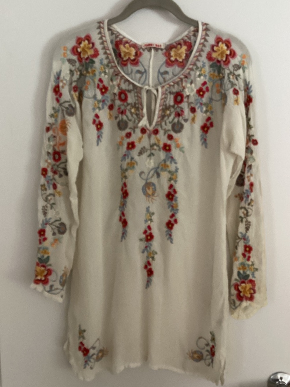 Johnny Was Cream Boho Embroidered Tunic with Red & Yellow Floral Details